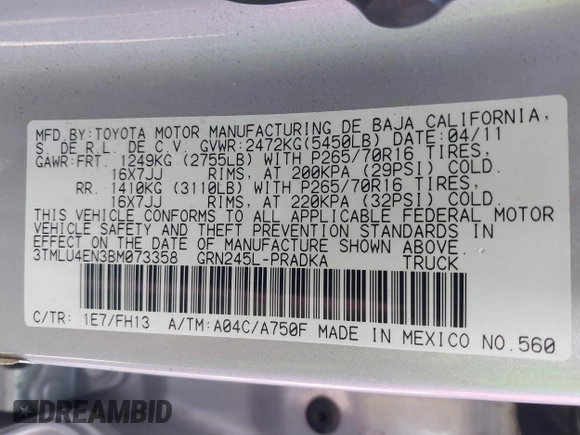 2011 Toyota Tacoma with VIN 3TMLU4EN3BM073358, listed as a IAAI auction lot 41706136 with 174,032 mi miles and . Bid and sale history available at DreamBid. Image 9.