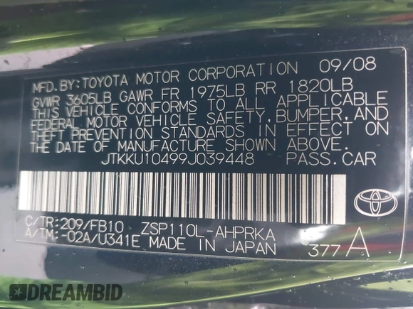2009 Scion xD z VIN JTKKU10499J039448, wystawiony jako IAAI lot #41787707 z przebiegiem Nie podano mil oraz . Historia ofert i sprzedaży dostępna na DreamBid. Obrazek 9.
