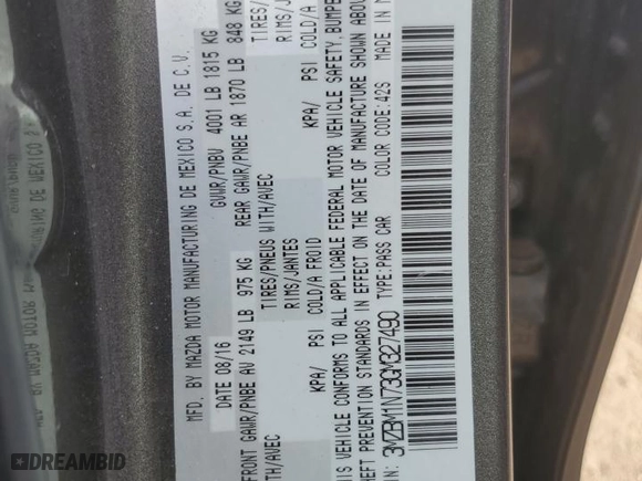 2016 Mazda Mazda3 i Grand Touring with VIN 3MZBM1N73GM327490, listed as a Copart auction lot 48587115 with 172,296 mi miles and Salvage Title. Bid and sale history available at carsss.com. Image 14.