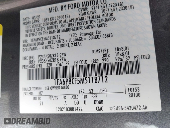 2021 Ford Mustang GT with VIN 1FA6P8CF5M5118712, listed as a IAAI auction lot 42400727 with 49,646 mi miles and . Bid and sale history available at DreamBid. Image 9.