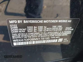 2022 BMW X3 sDrive30i with VIN WBX47DP08NN178195, listed as a IAAI auction lot 41692060 with 21,363 mi miles and . Bid and sale history available at DreamBid. Image 9.