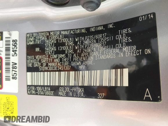 2014 Toyota Sienna XLE with VIN 5TDYK3DC0ES451307, listed as a IAAI auction lot 42093569 with 105,721 mi miles and . Bid and sale history available at DreamBid. Image 9.