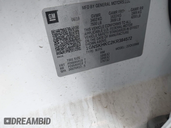 2019 Chevrolet Suburban LT with VIN 1GNSKHKC2KR384572, listed as a IAAI auction lot 42118571 with Not Provided miles and . Bid and sale history available at DreamBid. Image 9.