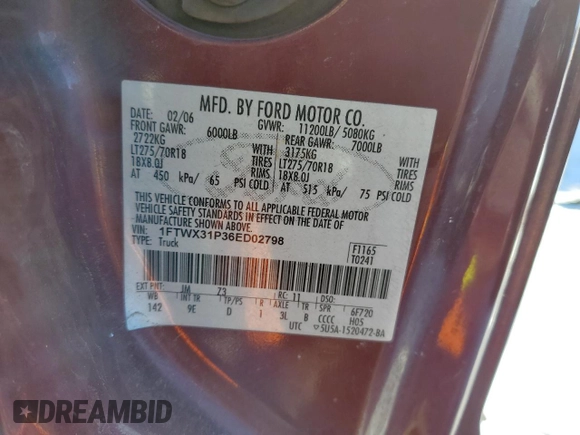 2006 Ford F-350 XL with VIN 1FTWX31P36ED02798, listed as a Copart auction lot 45645055 with 116,673 mi miles and Salvage title. Bid and sale history available at DreamBid. Image 12.