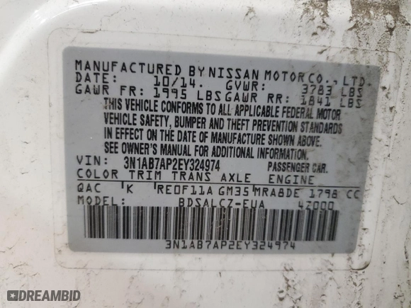 2014 Nissan Sentra S with VIN 3N1AB7AP2EY324974, listed as a Copart auction lot 49102355 with 162,434 mi miles and Salvage Title. Bid and sale history available at carsss.com. Image 12.