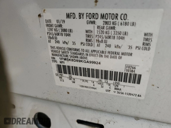 2019 Ford Explorer XLT z VIN 1FM5K8D89KGA99924, wystawiony jako Copart lot #59659405 z przebiegiem 124 613 mil mil oraz Szkoda całkowita • Salvage title. Historia ofert i sprzedaży dostępna na DreamBid. Obrazek 14.