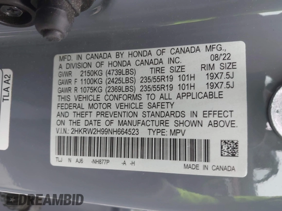 2022 Honda CR-V Touring with VIN 2HKRW2H99NH664523, listed as a IAAI auction lot 41614848 with 29,982 mi miles. Bid and sale history available at carsss.com. Image 9.