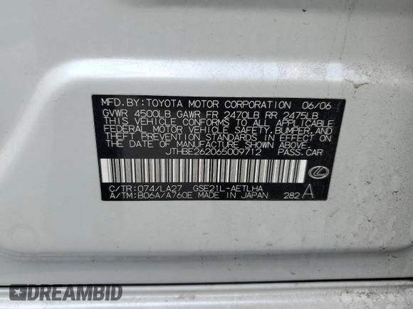 2006 Lexus IS 350 z VIN JTHBE262065009712, wystawiony jako Copart lot #51152205 z przebiegiem 239 464 mil mil oraz Szkoda całkowita • Salvage title. Historia ofert i sprzedaży dostępna na DreamBid. Obrazek 15.