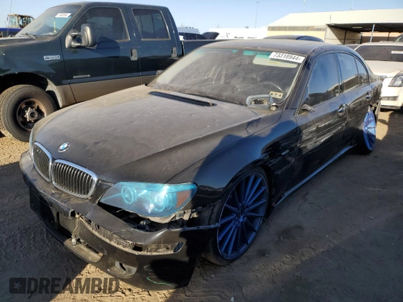 2007 BMW 7 Series 750i with VIN WBAHL83507DT07958, listed as a Copart auction lot 73318944 with 127,698 mi miles and Salvage Title. Bid and sale history available at DreamBid. Image 1.