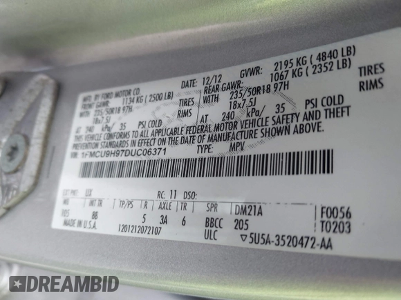 2013 Ford Escape SEL с VIN 1FMCU9H97DUC06371, выставлен на аукционе IAAI как лот 42255108 с пробегом 158 024 миль миль и . История ставок и продаж доступна на DreamBid. Изображение 9.
