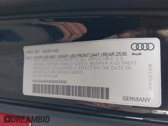 2021 Audi A4 S line Premium with VIN WAUDAAF44MA054560, listed as a IAAI auction lot 41165005 with 31,548 mi miles and . Bid and sale history available at DreamBid. Image 9.