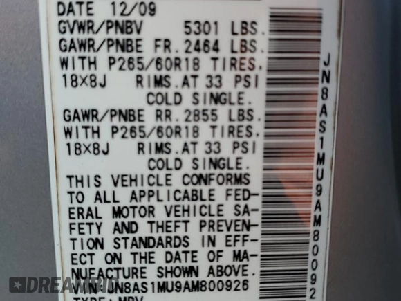 2010 Infiniti FX with VIN JN8AS1MU9AM800926, listed as a Copart auction lot 57456345 with 176,892 mi miles and Salvage title. Bid and sale history available at DreamBid. Image 13.