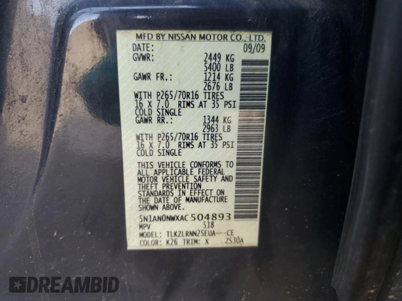 2010 Nissan Xterra S with VIN 5N1AN0NWXAC504893, listed as a Copart auction lot 60217915 with 267,954 mi miles and Salvage title. Bid and sale history available at DreamBid. Image 14.
