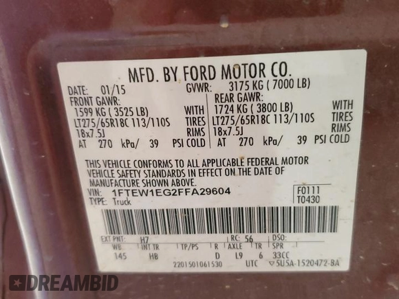 2015 Ford F-150 XLT z VIN 1FTEW1EG2FFA29604, wystawiony jako Copart lot #54384325 z przebiegiem Nie podano mil oraz Szkoda całkowita • Salvage title. Historia ofert i sprzedaży dostępna na DreamBid. Obrazek 12.