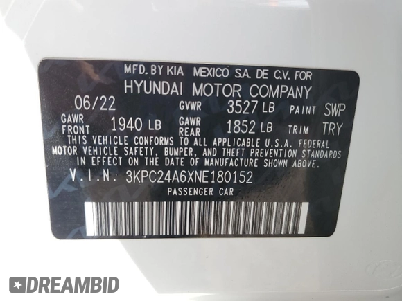 2022 Hyundai Accent SE z VIN 3KPC24A6XNE180152, wystawiony jako Copart lot #50149975 z przebiegiem 25 687 mil mil oraz Szkoda całkowita • Salvage title. Historia ofert i sprzedaży dostępna na DreamBid. Obrazek 14.