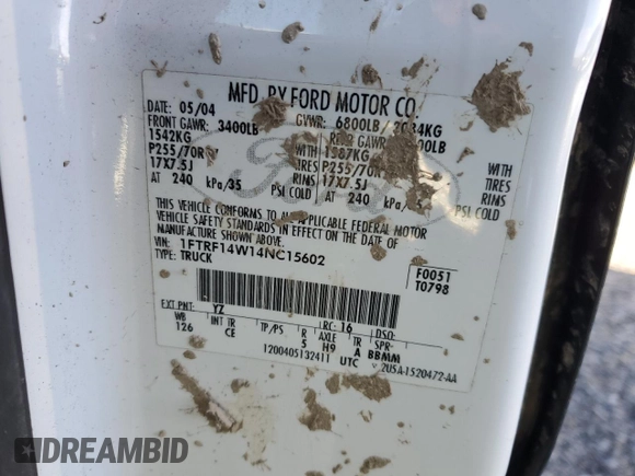2004 Ford F-150 XL with VIN 1FTRF14W14NC15602, listed as a Copart auction lot 42381205 with 117,684 mi miles and Clean Title. Bid and sale history available at DreamBid. Image 12.