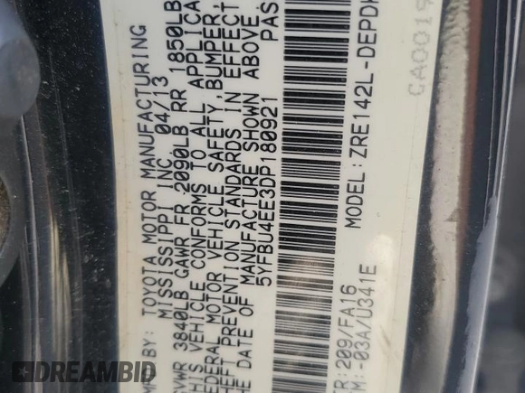 2013 Toyota Corolla L with VIN 5YFBU4EE3DP180921, listed as a Copart auction lot 53727425 with 110,478 mi miles and Salvage Title. Bid and sale history available at DreamBid. Image 14.