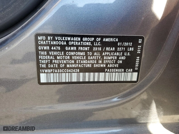 2012 Volkswagen Passat SE with VIN 1VWBP7A33CC042426, listed as a Copart auction lot 87606525 with 179,838 mi miles and Salvage Title. Bid and sale history available at carsss.com. Image 13.