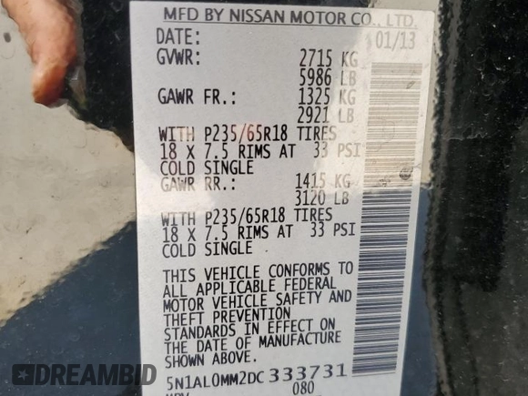 2013 Infiniti JX35 with VIN 5N1AL0MM2DC333731, listed as a Copart auction lot 74307604 with 121,310 mi miles and Salvage Title. Bid and sale history available at carsss.com. Image 13.