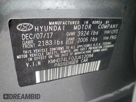 2018 Hyundai Elantra SE z VIN KMHD74LF0JU612094, wystawiony jako Copart lot #52017705 z przebiegiem 39 204 mil mil oraz Szkody całkowita. Historia ofert i sprzedaży dostępna na DreamBid. Obrazek 14.