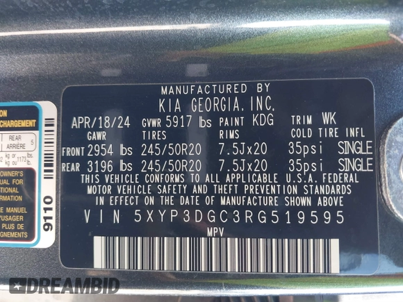 2024 Kia Telluride EX X-Line z VIN 5XYP3DGC3RG519595, wystawiony jako IAAI lot #41377285 z przebiegiem 18 313 mil mil oraz . Historia ofert i sprzedaży dostępna na DreamBid. Obrazek 9.