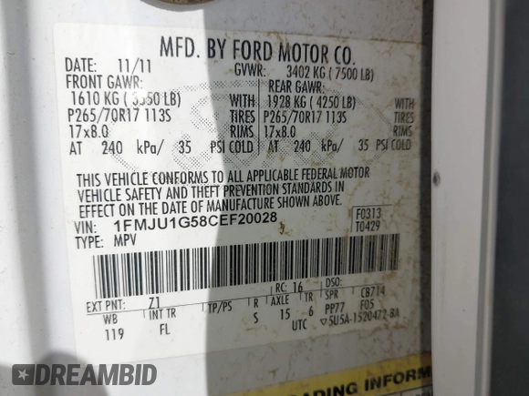 2012 Ford Expedition XL с VIN 1FMJU1G58CEF20028, выставлен на аукционе IAAI как лот 42646650 с пробегом 69 995 миль миль и . История ставок и продаж доступна на DreamBid. Изображение 9.
