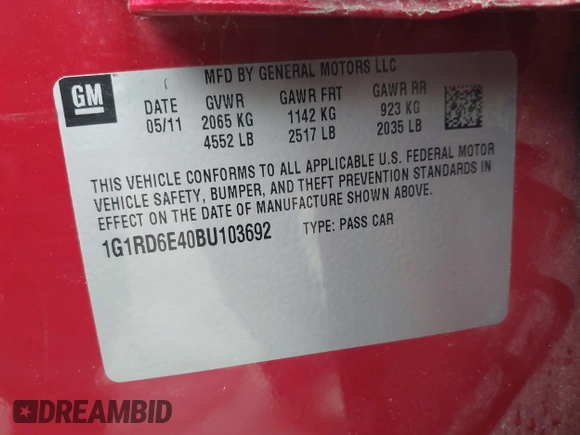 2011 Chevrolet Volt with VIN 1G1RD6E40BU103692, listed as a IAAI auction lot 42206339 with 9,621 mi miles and . Bid and sale history available at carsss.com. Image 9.