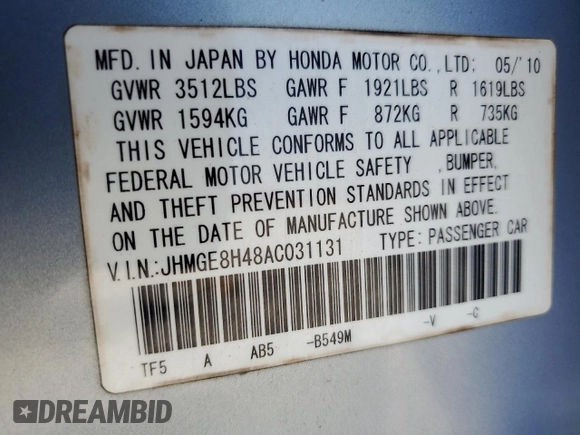 2010 Honda Fit Sport with VIN JHMGE8H48AC031131, listed as a Copart auction lot 54396705 with 89,902 mi miles and Salvage Title. Bid and sale history available at carsss.com. Image 12.