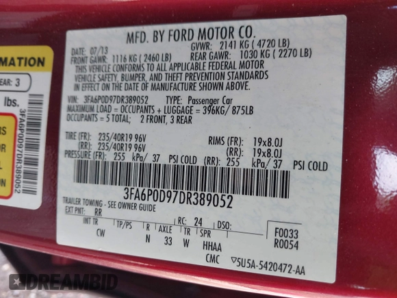 2013 Ford Fusion Titanium with VIN 3FA6P0D97DR389052, listed as a IAAI auction lot 41750337 with 169,204 mi miles. Bid and sale history available at carsss.com. Image 9.