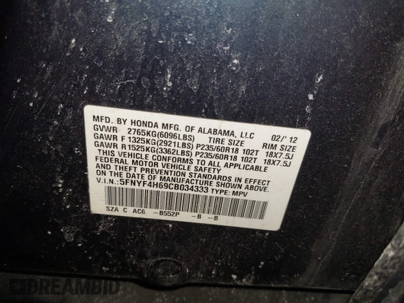 2012 Honda Pilot EX-L with VIN 5FNYF4H69CB034333, listed as a IAAI auction lot 41844940 with 149,639 mi miles. Bid and sale history available at carsss.com. Image 9.