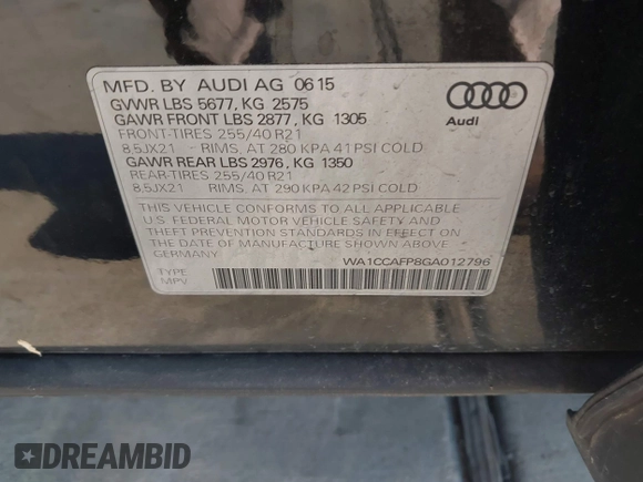 2016 Audi SQ5 Premium Plus with VIN WA1CCAFP8GA012796, listed as a IAAI auction lot 41989801 with 81,431 mi miles and . Bid and sale history available at DreamBid. Image 9.