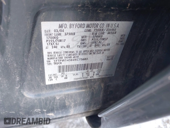 2004 Ford F-150 XLT with VIN 1FTPW14584KC75683, listed as a IAAI auction lot 41224632 with 349,638 mi miles. Bid and sale history available at carsss.com. Image 9.
