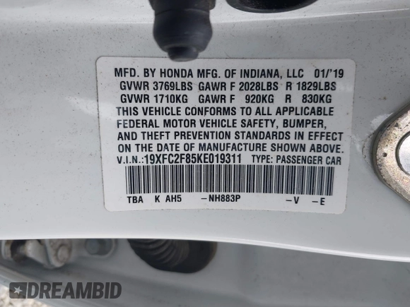 2019 Honda Civic Sport with VIN 19XFC2F85KE019311, listed as a IAAI auction lot 42319241 with 163,241 mi miles and . Bid and sale history available at DreamBid. Image 9.