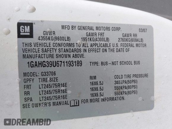 2007 Chevrolet Express Passenger z VIN 1GAHG39U671193189, wystawiony jako IAAI lot #42245925 z przebiegiem 234 555 mil mil oraz . Historia ofert i sprzedaży dostępna na DreamBid. Obrazek 9.
