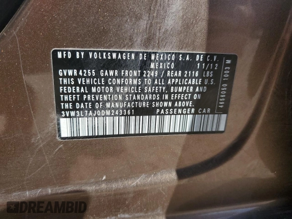 2013 Volkswagen Jetta TDI w/Premium with VIN 3VW3L7AJ0DM243361, listed as a Copart auction lot 76076604 with 226,137 mi miles and Salvage title. Bid and sale history available at DreamBid. Image 14.