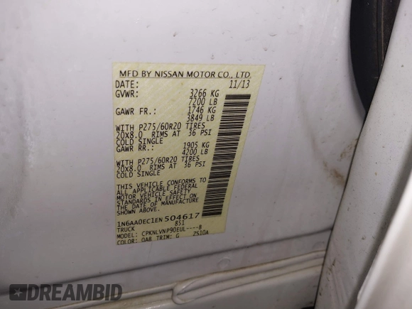 2014 Nissan Titan S with VIN 1N6AA0EC1EN504617, listed as a IAAI auction lot 41633861 with 65,047 mi miles. Bid and sale history available at carsss.com. Image 9.