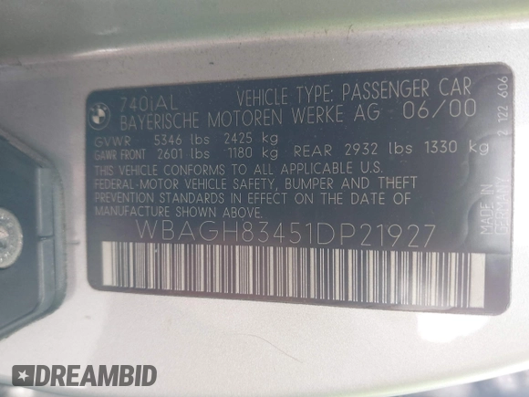 2001 BMW 7 Series 740iL with VIN WBAGH83451DP21927, listed as a IAAI auction lot 42587185 with Not provided miles and . Bid and sale history available at DreamBid. Image 9.