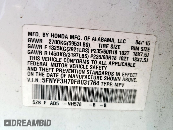 2015 Honda Pilot EX-L с VIN 5FNYF3H70FB031764, выставлен на аукционе Copart как лот 57715185 с пробегом 146 619 миль миль и Списание • Salvage title. История ставок и продаж доступна на DreamBid. Изображение 13.
