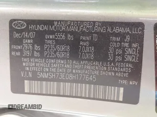 2008 Hyundai Santa Fe SE z VIN 5NMSH73E08H177645, wystawiony jako IAAI lot #42374354 z przebiegiem 118 045 mil mil oraz . Historia ofert i sprzedaży dostępna na DreamBid. Obrazek 9.