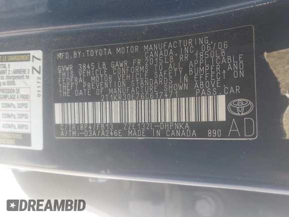 2006 Toyota Matrix STD with VIN 2T1KR30E76C617471, listed as a IAAI auction lot 42151647 with 289,196 mi miles and . Bid and sale history available at carsss.com. Image 9.