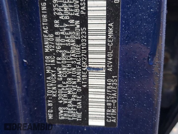 2007 Toyota Camry CE with VIN 4T1BE46K27U103235, listed as a Copart auction lot 51751585 with 225,130 mi miles and Salvage Title. Bid and sale history available at DreamBid. Image 13.