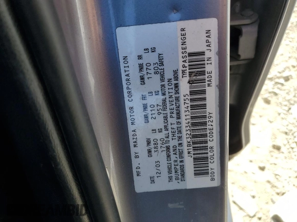 2004 Mazda 3 s with VIN JM1BK323341134755, listed as a Copart auction lot 56059775 with 192,039 mi miles and Clean Title. Bid and sale history available at DreamBid. Image 12.