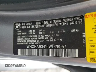 2006 BMW X3 3.0i with VIN WBXPA93416WD28957, listed as a Copart auction lot 72777224 with 214,772 mi miles and Salvage Title. Bid and sale history available at carsss.com. Image 13.