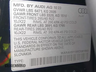 2024 Audi Q8 Premium with VIN WA1AVBF13RD001693, listed as a IAAI auction lot 41461914 with 1,751 mi miles and . Bid and sale history available at DreamBid. Image 9.