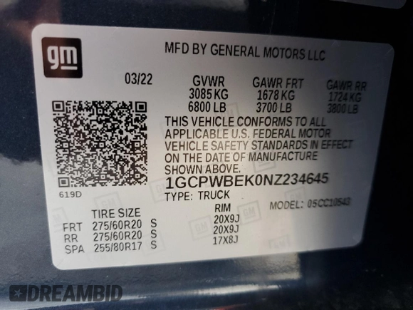 2022 Chevrolet Silverado 1500 Custom with VIN 1GCPWBEK0NZ234645, listed as a Copart auction lot 87376734 with 44,332 mi miles and Non Repairable. Bid and sale history available at DreamBid. Image 13.