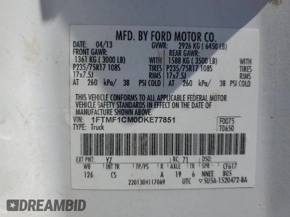 2013 Ford F-150 XL с VIN 1FTMF1CM0DKE77851, выставлен на аукционе Copart как лот 55247705 с пробегом 190 765 миль миль и Списание • Salvage title. История ставок и продаж доступна на DreamBid. Изображение 12.
