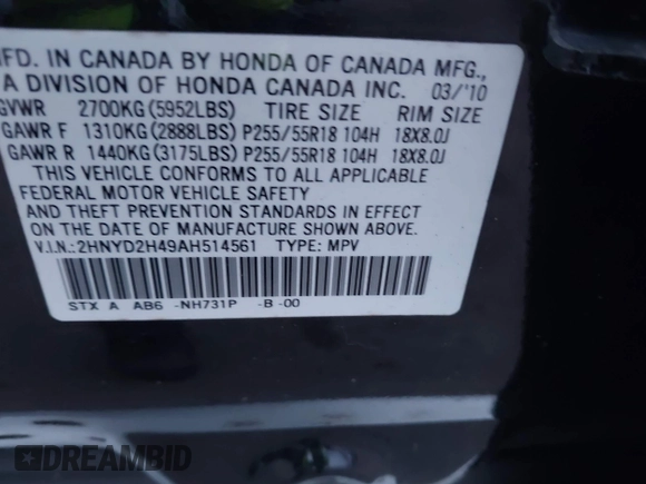 2010 Acura MDX Technology with VIN 2HNYD2H49AH514561, listed as a IAAI auction lot 41614217 with 162,781 mi miles and . Bid and sale history available at DreamBid. Image 9.