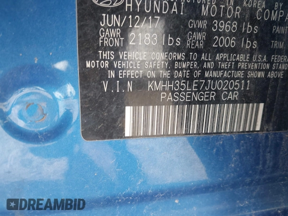 2018 Hyundai Elantra z VIN KMHH35LE7JU020511, wystawiony jako IAAI lot #41965810 z przebiegiem 50 753 mil mil oraz . Historia ofert i sprzedaży dostępna na DreamBid. Obrazek 9.