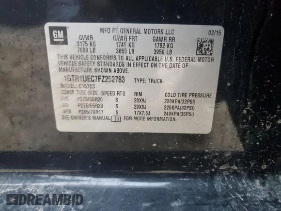 2015 GMC Sierra 1500 SLE z VIN 1GTR1UEC7FZ252783, wystawiony jako Copart lot #43468395 z przebiegiem 126 051 mil mil oraz Szkoda całkowita • Salvage title. Historia ofert i sprzedaży dostępna na DreamBid. Obrazek 12.