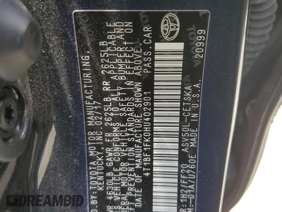 2017 Toyota Camry XLE z VIN 4T1BF1FK0HU402901, wystawiony jako Copart lot #58214405 z przebiegiem 85 148 mil mil oraz Szkoda całkowita • Salvage title. Historia ofert i sprzedaży dostępna na DreamBid. Obrazek 12.